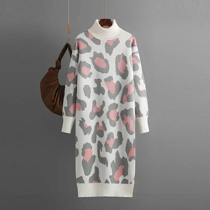 Autumn Turtleneck Leopard Print Knitted Dress