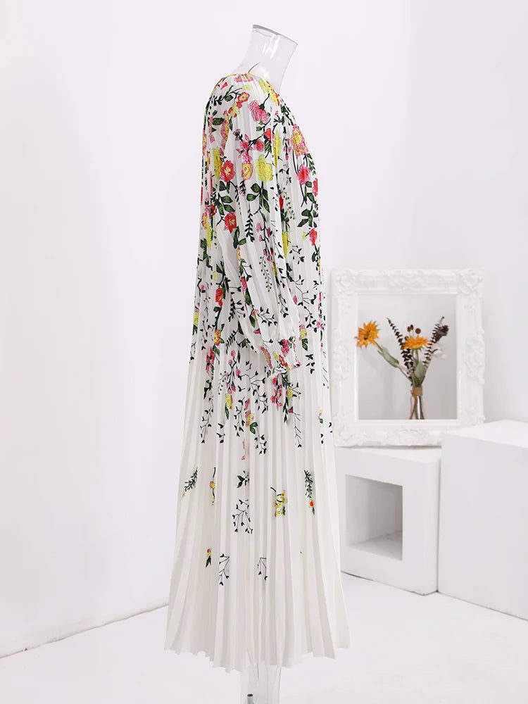 New Print Pleated Long Dress- Elegant Evening Party Dress