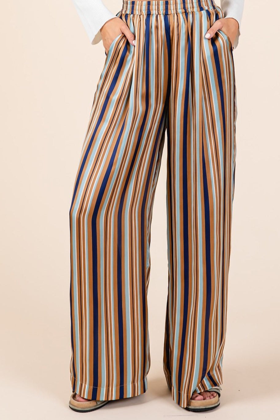 Striped Satin Waist Wide Leg Pants