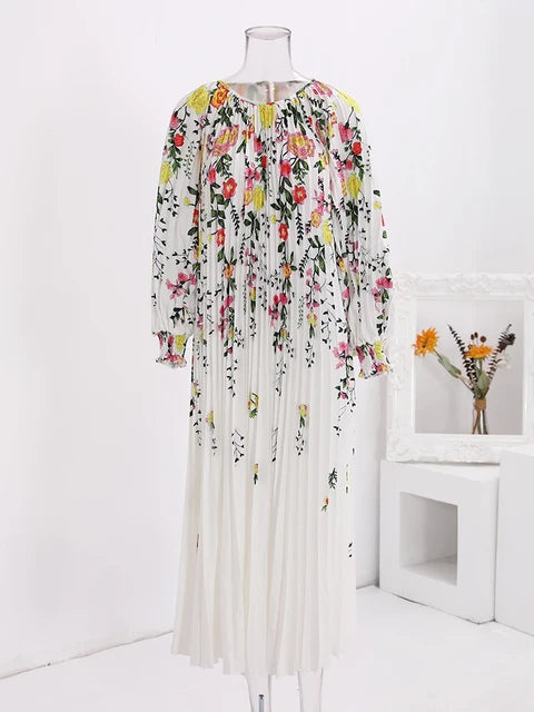 New Print Pleated Long Dress- Elegant Evening Party Dress