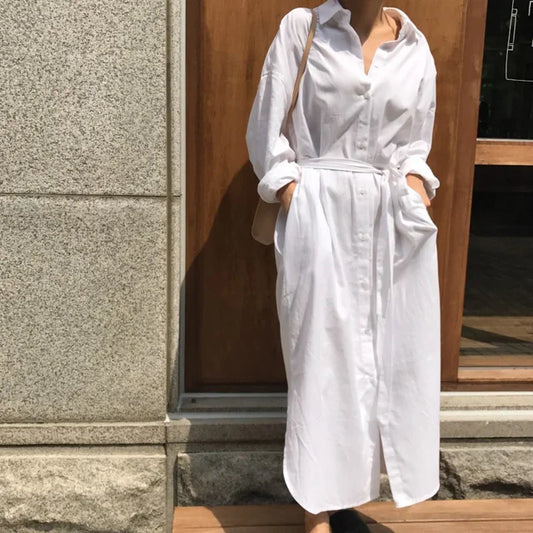 Spring Fashion White Shirt Dress with Pockets and Belt