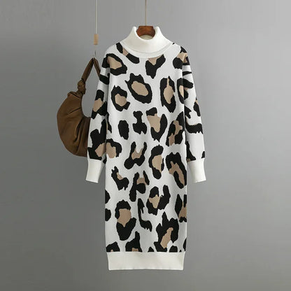 Autumn Turtleneck Leopard Print Knitted Dress