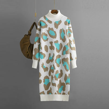 Autumn Turtleneck Leopard Print Knitted Dress