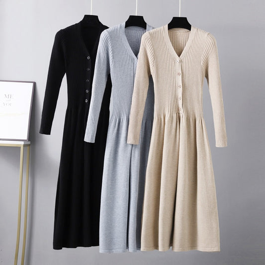 Winter Knit V Neck Sweater Pleated Dress