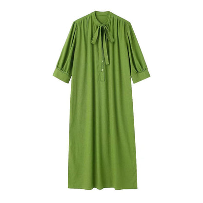 Cotton Hemp Long Dress With Bow