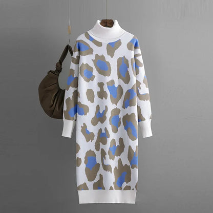 Autumn Turtleneck Leopard Print Knitted Dress