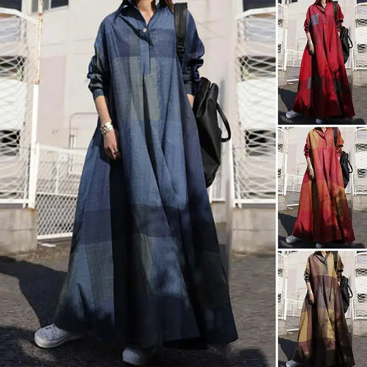 Vintage Button Shirt Dress - Women's Autumn Long Sleeve Maxi Sundress