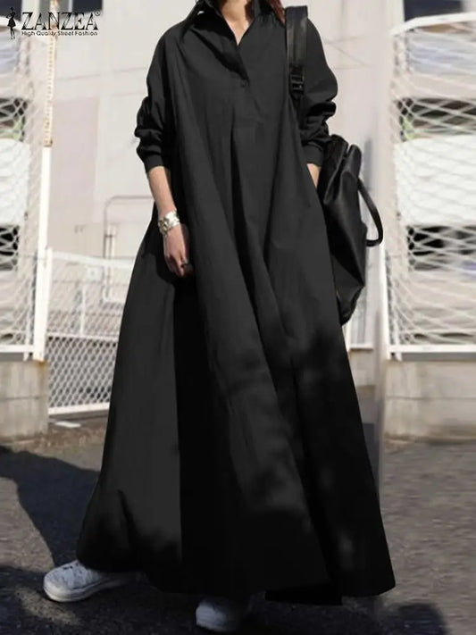 Vintage Long Sleeve Loose Sundress - Autumn Casual Maxi Dress