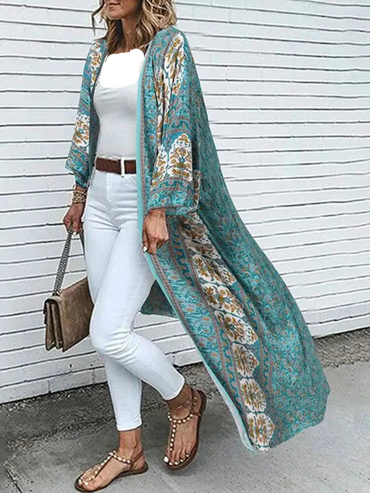 Bohemian Floral Long Kimono Cardigan