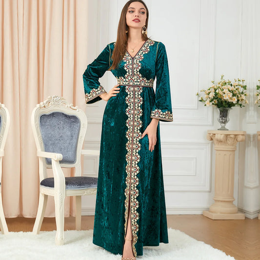 Golden Velvet Moroccan Jalabiya Dress