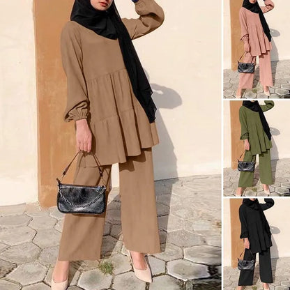 Modest Two-Piece Blouse and Wide Leg Pants Suit