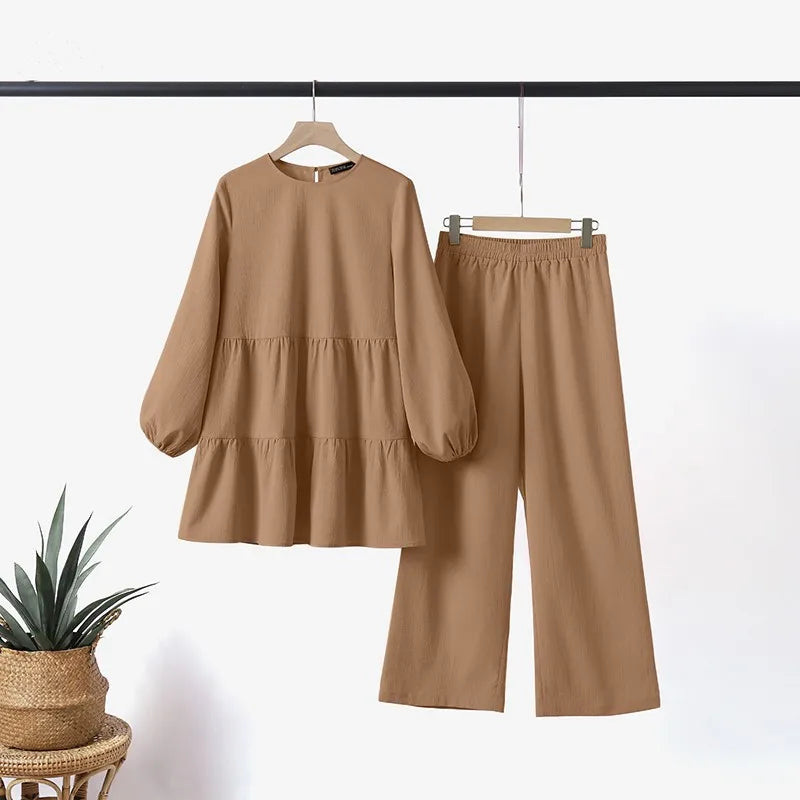 Modest Two-Piece Blouse and Wide Leg Pants Suit