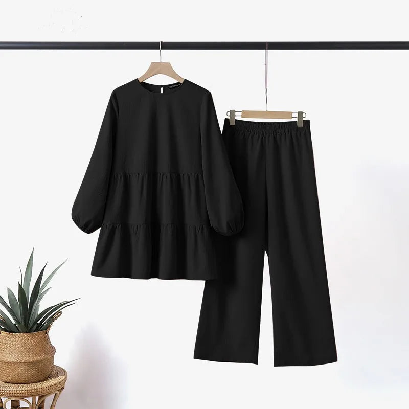 Modest Two-Piece Blouse and Wide Leg Pants Suit