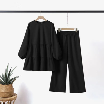 Modest Two-Piece Blouse and Wide Leg Pants Suit