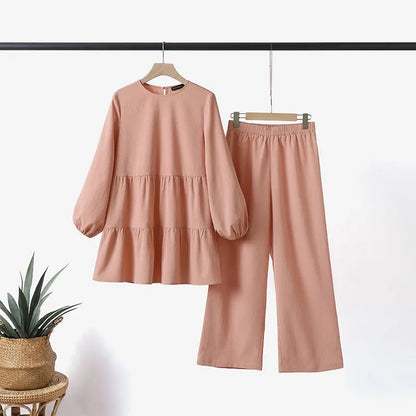 Modest Two-Piece Blouse and Wide Leg Pants Suit