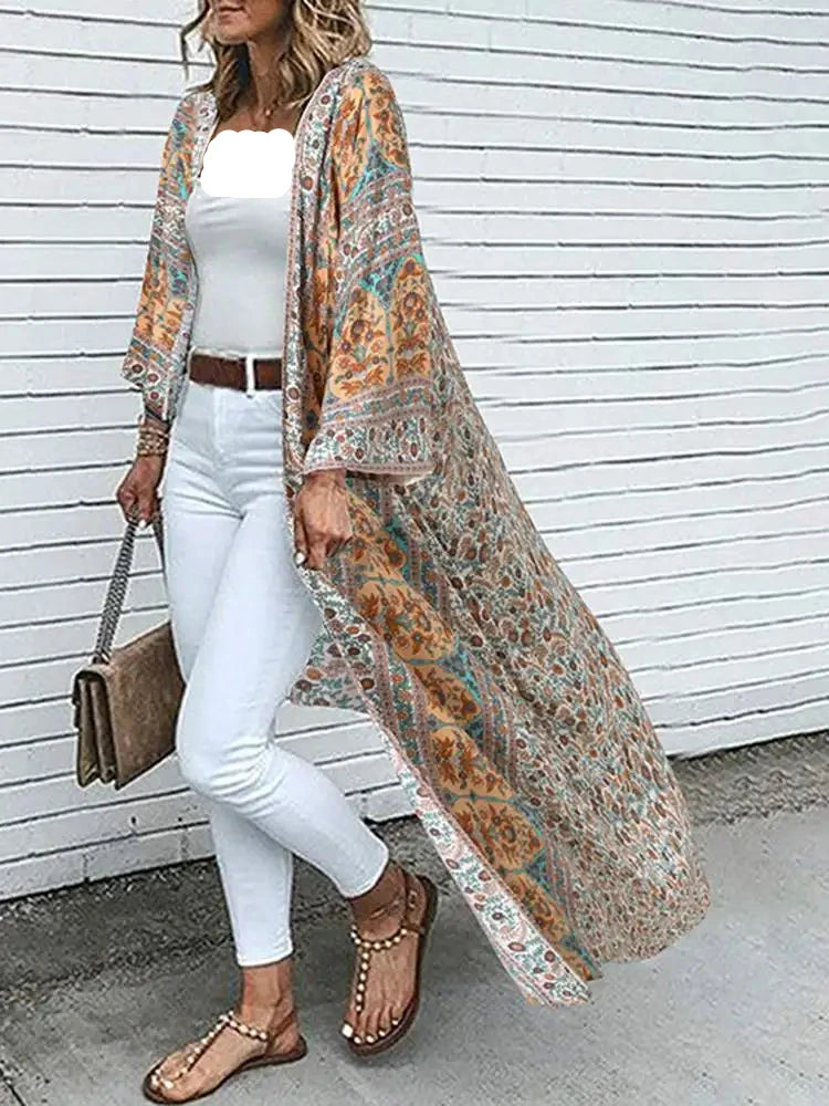 Bohemian Floral Long Kimono Cardigan